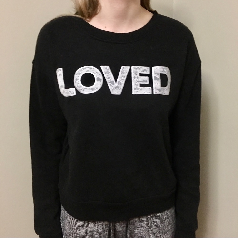 Betsy Johnson Performance Size L Black Sweatshirt,  “LOVED” written on front.